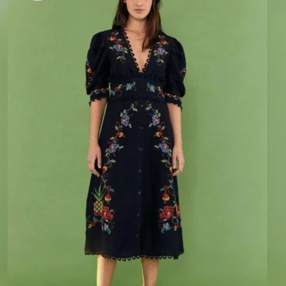 Farm Rio Embroidered Black Floral Dress medium